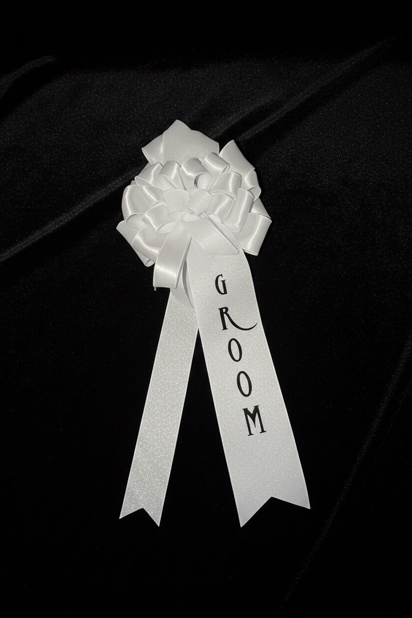 A white satin and glitter groom ribbon with the word 'GROOM' printed in black, attached to a white glitter and satin bow, photographed inside a black box.